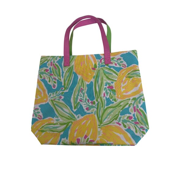 Lilly Pulitzer Estee Lauder Lemon Print Canvas Tote Bag Pink & Green Handles 16" - Picture 2 of 5